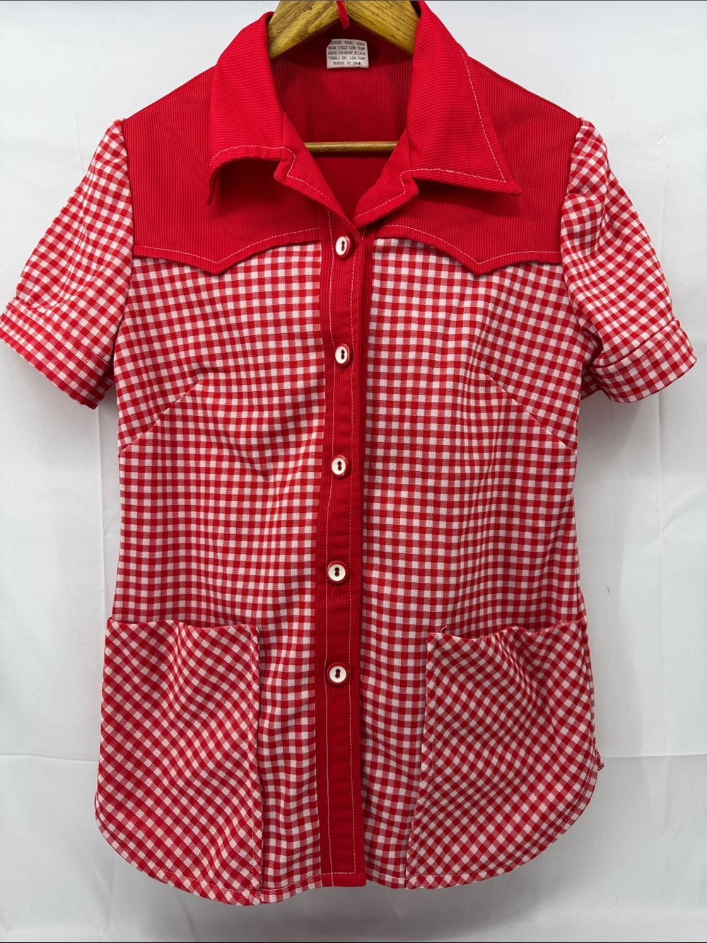 Vintage 70s Imperial Gingham Dinner Smock Waitress Polyester Shirt, sz M